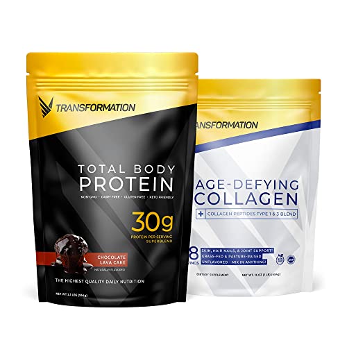 Transformation Chocolate Premium Protein Powder + Super Greens Immune Boosting Combo Pack- Energy, Gut Health, Detox & Diet Support- 30G Multi-Protein Superblend & 1 Full Serving Vitamins & Vegetables #TOP6