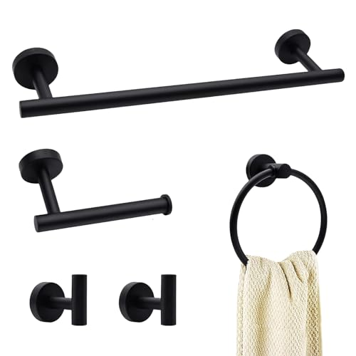 Bathroom Accessory Towel Bar Set: 5 Pieces Matte Black Bathroom Hardware - SUS304 Stainless Steel Wall Mounted Towel Rack&Toilet Paper Holder&Towel Ring&Towel Hook