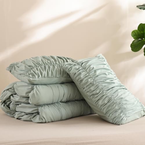 Image of weigelia Ruched Comforter Set Full Size, 3 Piece Sage Green Ruffle Bedding Comforter Set with 2 Pillowcases, Soft Lightweight Polyester Comforter for Girls Room, Dorm, Guest Room, Boho Bed Set