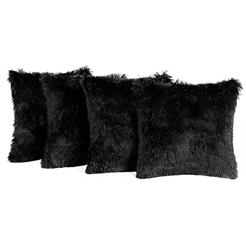 Sienna Fluffy Shaggy Pack of 4 x Cushion Covers 45 x 45 cm Square Long Soft Fibre Home Sofa Couch Reversible Set, 18" x 18" - Black