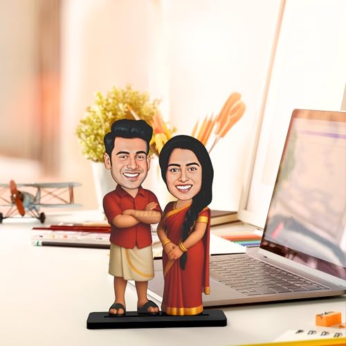Image of Wood Rectangular Personalized Caricature Gift for Couple, 7 Inches, Tabletop Multicolor, Art Deco Style (Couple 10)