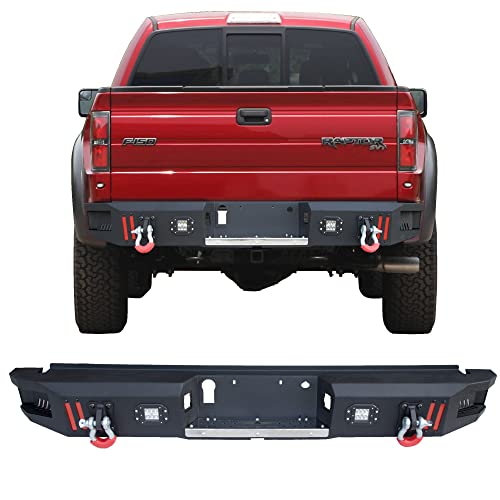 Longsun Rear Bumper Fit Ford F-150 (Excluding Raptor) 2015-2017 Textured Black Pickup Truck F150 Bumper with Stainless Steel Step Plate and Lights and D-ring