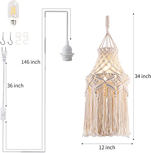 Boho Plug In Pendant Light Macrame Lamp Shade With Light Bulb Hanging Lamp With Plug In Cord,On/Off Switch,Bohemian Hanging Light Fixtures That Plug Into Wall Outlet For Bedroom Decor Living Room #TOP3