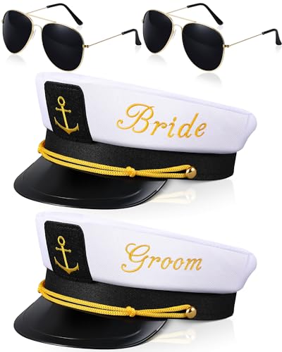 Mepase 4 Pcs Bride Groom Captain Hats and Sunglasses Set Bachelorette Party Hats Captain Hat for Wedding Bridal Shower Honeymoon