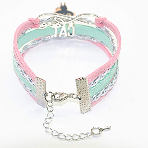 HCChanshi Cat Bracelet Jewelry - Leather Infinity Love Cat Gifts Cat BFF Jewelry Bracelet Gifts For Women, Girls, Men, Boys, Cat Lover, Cat Owner, Cat Themed Gifts (Pink,Silver and Mint Green) - Image 5