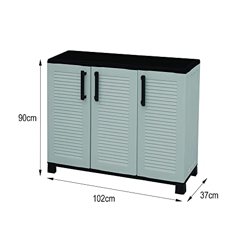 Dmora - Outdoor-Garderobe aus Fell, Mehrzweck-Balkongarderobe, 3-türiger Outdoor-Schrank, 100 % Made in Italy, 102 x 37 x 90 cm, Hellgrau und Schwarz, gestreifte Oberfläche