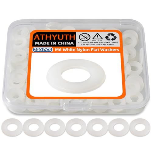 M6 White Nylon Washers, 6mm ID, 12mm OD, 1.2mm Thickness, Plastic Flat Round Washers, 200 Pieces Nylon Washer Hardware Set