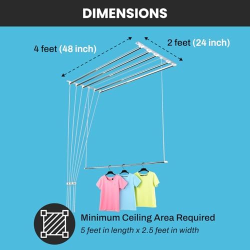 Deluxe Heavy Rust Proof Stainless Steel 6 Pipe X 4 Feet with UV Protected Nylon Ropes Individual dropdown Ceiling Cloth Dryer Stand | Cloth Drying Stand for Balcony