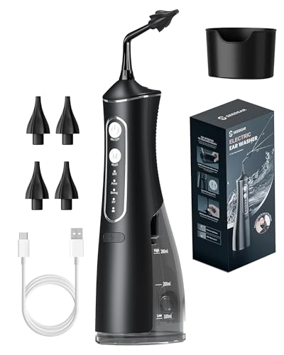 Elektrischer Ohrenschmalz Entferner Kit - 300ml Wasserdruck, 4 Druckmodi, Wasserdichte Ohrendusche mit 4 Ersatzspitzen für Erwachsene & Kinder