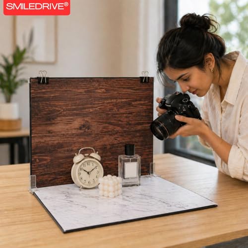 Image of SMILEDRIVE Backdrop with Stand Kit | 8 Styles (4 Double-Sided Sheets) | Professional Tabletop Photography Background Set | Silver Reflector & Black Diffuser Included