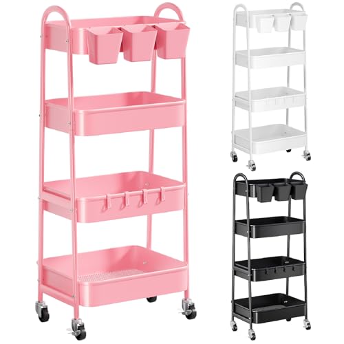 Image of 4 Tier Rolling Cart Metal with Lockable Wheels, Four Tiered Pink Trolley Cart on Wheels, Utility Storage Organizer Carts for Bathroom, Kitchen, Art, Craft, Baby Diaper Caddy, Snack, Makeup, Nail, Lash