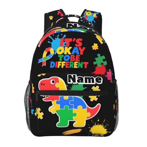 Custom Kids Backpack for Boys Girls - Personalized Colorful Puzzles Dinosaur Toddler School BookBags with Name, Autism Awareness Casual Daypack Travel Laptop Backpacks