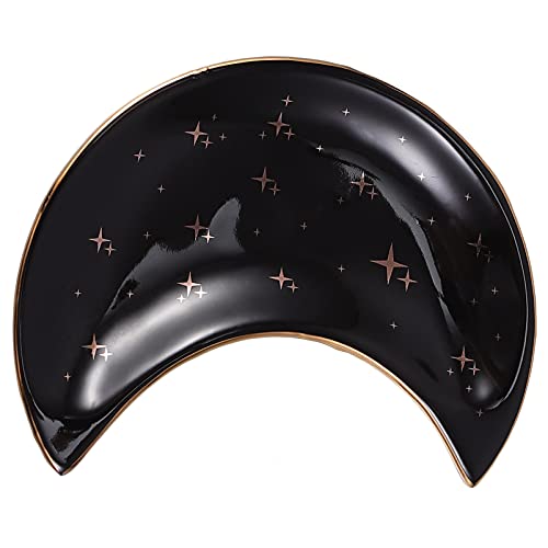 MUCKLILY Plateau De Présentation Lune En Céramique Noir Orné De Motifs Étoiles, Support De Rangement Pour Bijoux Multifonction, Décoration Maison Élégante