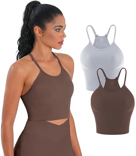 Image of Sunzel Ribbed Crop Tank Top for Women Seamless Racerback Camisole | Buttery Soft Nylon Spandex, Opaque No See Through, Stays in Place, Unpadded, Slim Fit, No Shrink, Yoga Workout Gym Casual
