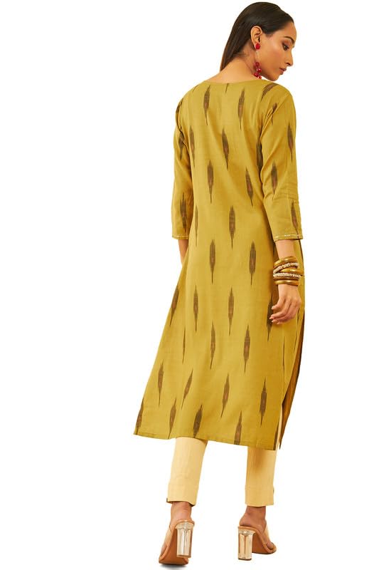 Image of Soch Womens Cotton Ikat Printed Straight Kurta with Sequins