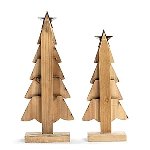 Demdaco primitive tree red and white 165 inch layered fir wood christmas decor figurine set of 2  urban country home decor