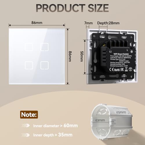 BSEED Smart Touch Lichtschalter,Glas Schalter Unterputz,Wandlichtschalter mit LED Hintergrundbeleuchtung,Neu E-Serie,16A 250V,4 Fach 1 Weg,86mm Weiß