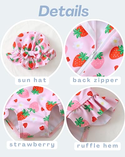 Baby Girl Swimsuit Long Sleeve One-Piece Swimwear with Hat Rash Guard Ruffle Floral Zipper Beach Infant Bathing Suit4