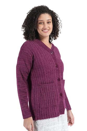 Image of MANRA Women's Woolen V-Neck Buttoned Full Sleeve Cardigan Self Design Soft Wool Fabric Winter Wear Pure Wool Sweater Fully Warm with Front Pockets Stylish Cardigan
