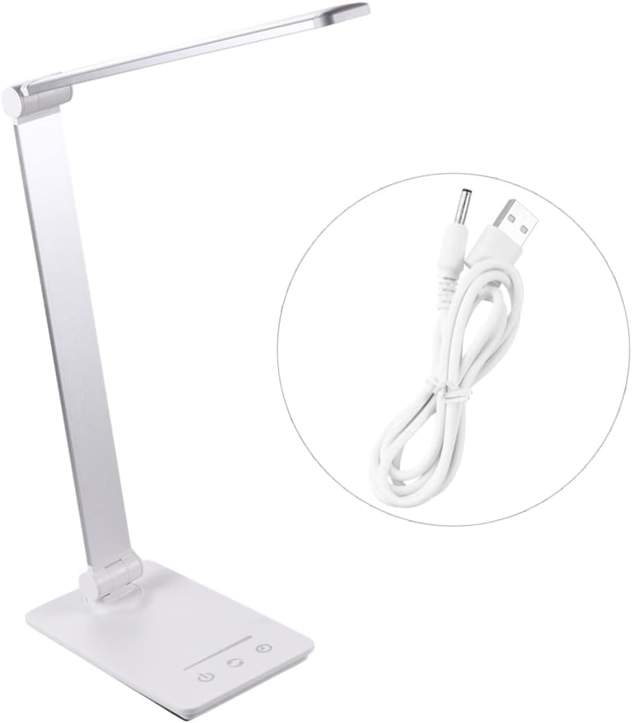 Rechargeable Led Desk Lamp with Touch Control Eye Protection Feature Brightness Modes Portable for Home Office Flexible Design Silver