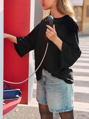 Tankaneo Womens Oversized 3/4 Bell Sleeve TShirts Casual Crewneck Fall Trendy Tunic Tops Loose Fit Basic Tees3