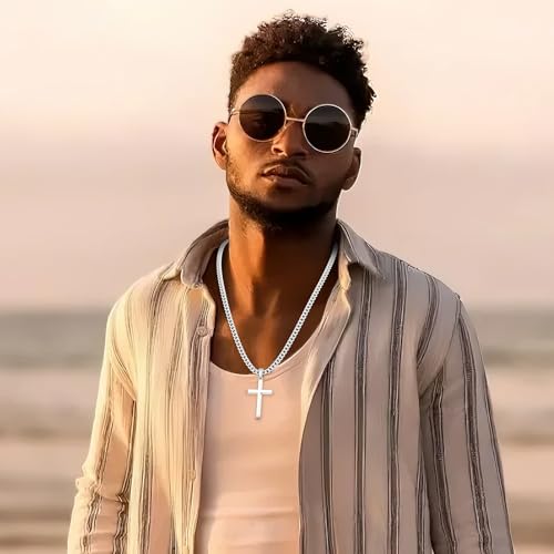 S925 Sterling Silver Beveled Edge Cross Necklace for Men Women, 5mm Sterling Silver Diamond Cut Cuban Link Chain, Fashionable Men's Crucifix Pendant Chain Necklaces 16-30 Inches4