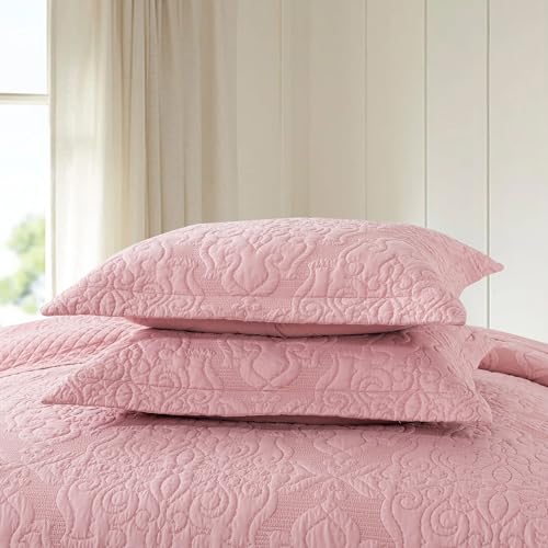 NEWLAKE Quilt Bedspread Set, Pink Jacquard Embossed Floral Pattern Reversible Embroidered Microfiber Coverlet Sets, King Size