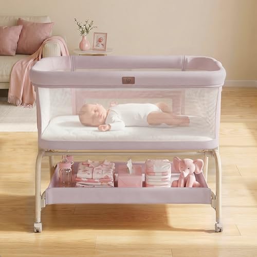 Image of Baby Bassinet Bedside Crib, 3-in-1 Baby Bassinet Bedside Sleeper with Mattress and Soft, Breathable Sheet, Full-Mesh Sides, 6-Height Adjustable, Stable and Secure Crib for Newborns