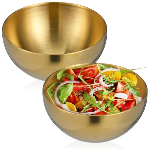 Luxshiny 2pcs Stainless Steel Small Soup Bowls Mini Dinner Serving Salad Bowls Korean Single Layer Metal for Salad Fruit Snack Dessert Noodle (Golden, 4.8 Inch)