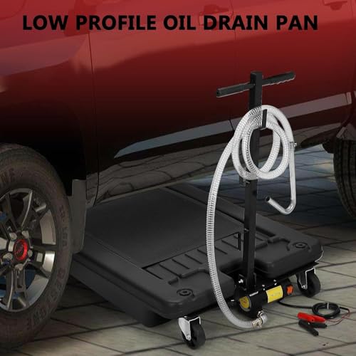 Image of GarveeTech 18 Gallon Oil Drain Pan, Low Profile Oil Drain Pan with 12V Electric Pump, Oil Change Pan with T Foldable Hand and Wheels, 8 ft Hose Oil Drain Cart for Car, SUV, Trucks