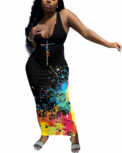 Image of Nimsruc Women Casual Sexy Deep U Neck Tank Top Bodycon Dress Summer Sleeveless Wrap Long Basic Party Club Maxi Dresses