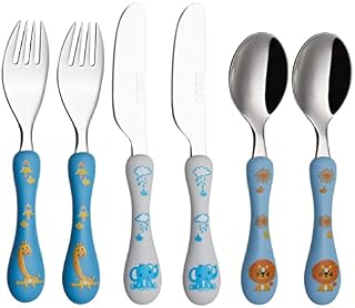 EXZACT Children's Cutlery Stainless Steel 6pcs / Kids Cutlery- 2 x Forks, 2 x Safe Dinner Knives, 2 x Dinner Spoons - Dishwasher Safe (Safari x 6)
