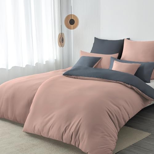 Nesture Bettwäsche 135x200 4teilig Mikrofaser, Rosa/Anthrazit | Bettbezug 2er + Kissenbezug 2er 80x80cm mit Reißverschluss, Bettwäsche-Sets Wendebettwäsche, weich & bügelfrei, atmu