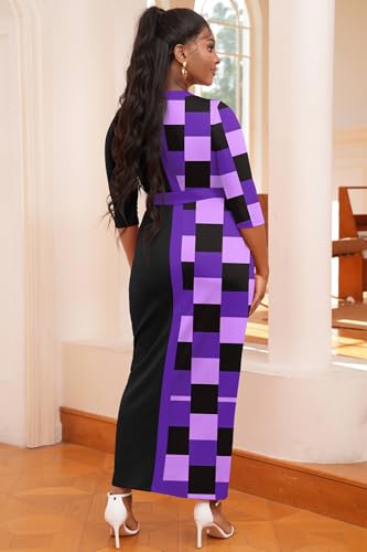 Image of Nmoder Long Maxi Dress for Women, Pencil Church Bodycon Dress Front Split | 3 /4 sleeve v neck, curvy tea party work semi formal cocktail funeral date bridesmaid dress, colorblock, m-3xl