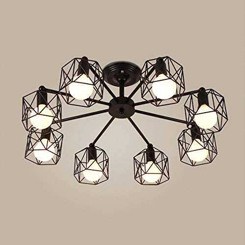 Plafonnier cage en fer noir 8 lumières de style américain pour cuisine et salon