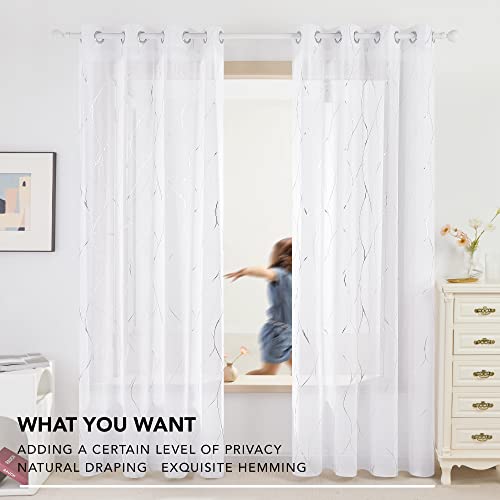 Deconovo Silver Foil Printed, Wave Pattern Sheer Curtains - Grommet Top, Linen Look, Voile Drapes For Kids Room (52W X 108L In, White, Set Of 2 Panels) #TOP6