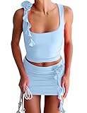 MISSACTIVER Women 2 Piece Rosette Square Neck Crop Tank Top Sexy Bodycon Mini Skirt Two Pieces Outfit E-girls Clubwear