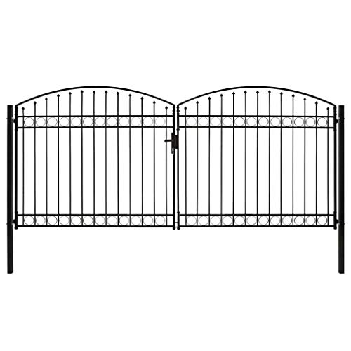 Festnight Fence Gate Double Door with Arched Top, with Lock, Handle and Ground Pin, 2 Square Posts with Sturdy Hinges, for Garden, Patio or Terrace Steel 400x200 cm Black