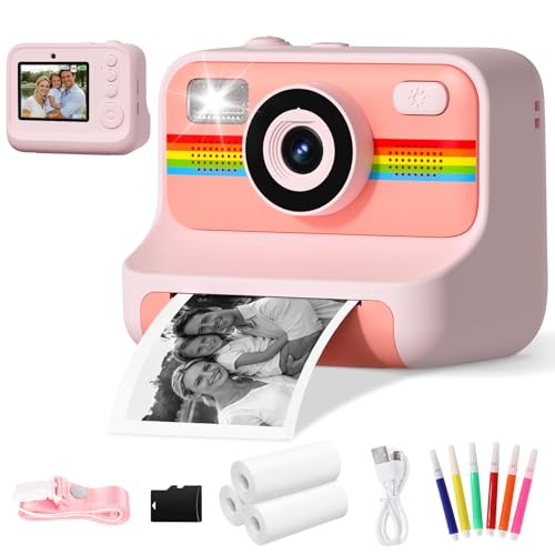 Sofortbildkamera Kinder, 1080P HD 2,4 Zoll Bildschirm Kinderkamera Sofortbildkamera mit 32GB Karte & 3 Rollen Druckpapier, LIORQUE Digital Kamera Kinder Sofortdruck mit 6 Farbigen Stiften (Rosa)