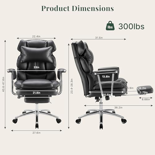 Image of Executive Ergonomic Office Chair, PU Leather High Back Reclining Office Chair with Footrest and Lumbar Support, Height Adjustable Rolling Swivel Computer Chair for Home Office,Black