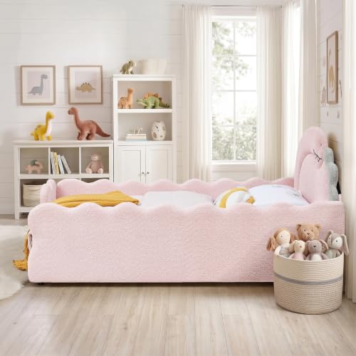 Image of Full Bed Frame for Kids, Floor Platform Bed Dinosaur, Pink