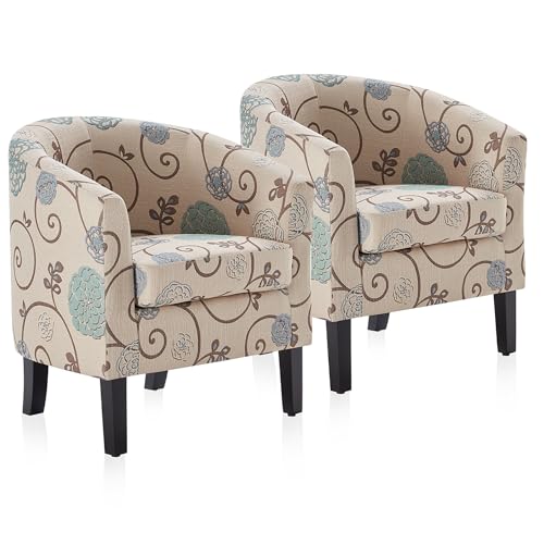 BELLEZE Living Room Chairs Set of 2, Linen Round Accent Barrel Chairs, Club Tub Sofa Chairs for Bedroom, Corner Chairs with Flared Legs and Cozy Soft