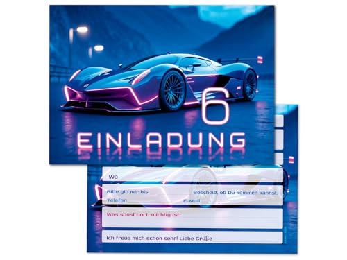 JuNa-Experten 12 tarjetas de invitación para 6º cumpleaños infantil, diseño de coche de carreras, diseño de coche de carreras