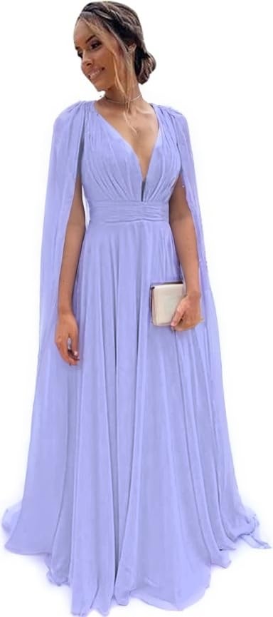 CRIEBDK Chiffon Bridesmaid Dress for Women Cape Sleeve V-Neck Formal Evening Gowns with Pocket LBC020