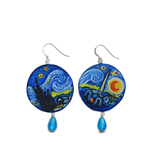 Pendientes de cerámica pintados a mano – LA NOCHE ESTRELLADA CUADRO FAMOSO - Pendientes colgantes de mujer, Joyas de cerámica pintada, Gancho de plata, Made in Italy, Bisutería, Elaboración artesanal