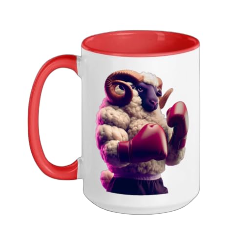 Boxing Ram Boxer Kickboxer MMA Fighter Martial Arts Sheep Ceramic Mug, Red/White, 15oz