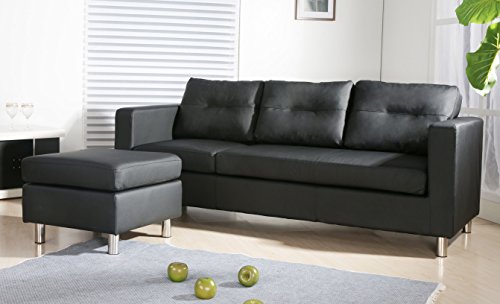 Container Furniture Direct Rayna Contemporary Faux Leather Reversible Chaise SECTIONAL, Black - Thumbnail 3