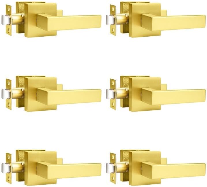 Probrico 6 Pack Square Brushed Gold Passage Door Handle Heavy Duty Keyless Door Lever Lock for Hallway Closet Interior Satin Brass Door Knobs Lockset