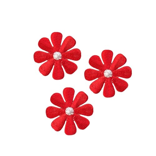 Daisy, Flower, Embroidered, Iron on Patch (1-1/2" Red, 3 Pieces)