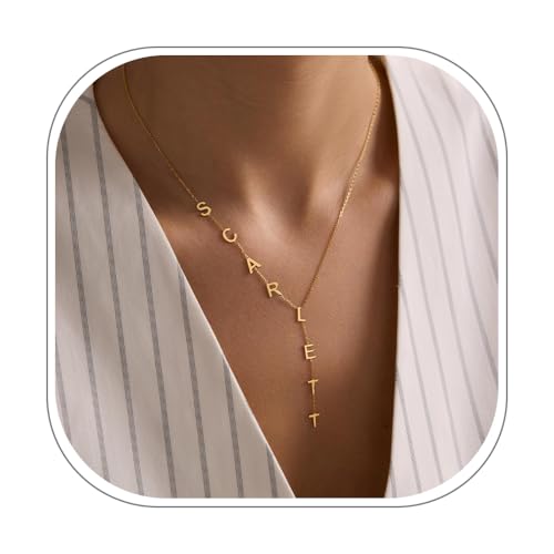Lariat Name Necklace for Women, Personalized 18K Gold Long Y-Shaped Necklace with Letter Initial, Family Bridesmaid Mother's Day Jewelry Gift for Her